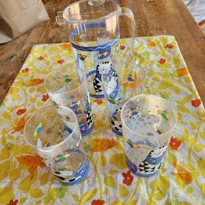 Coco Dowley Vintage 90's Cat Drinkware Pitcher & 4 Tumblers Plastic Rare